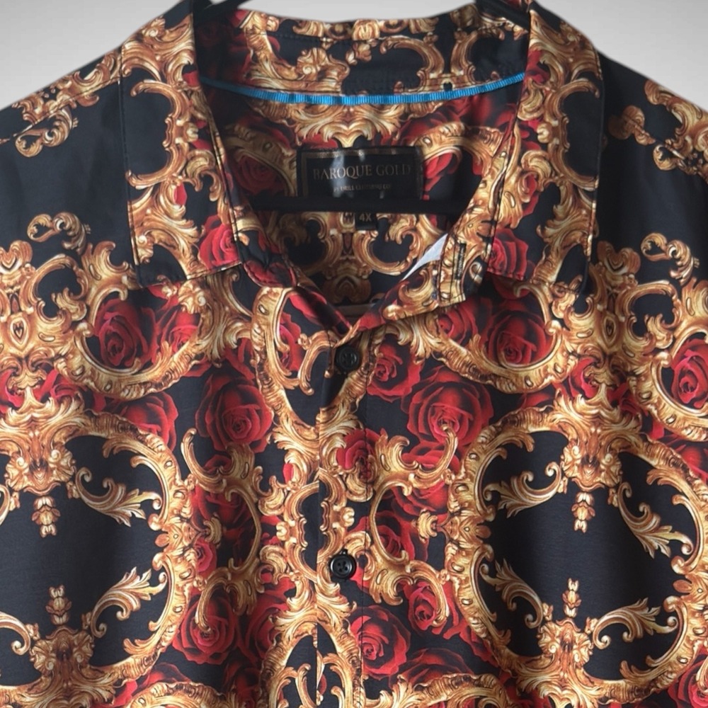 Baroque Gold Drill Mens 4X Black Gold Red Rose Baroque Button Up Shirt Big‎ Tall